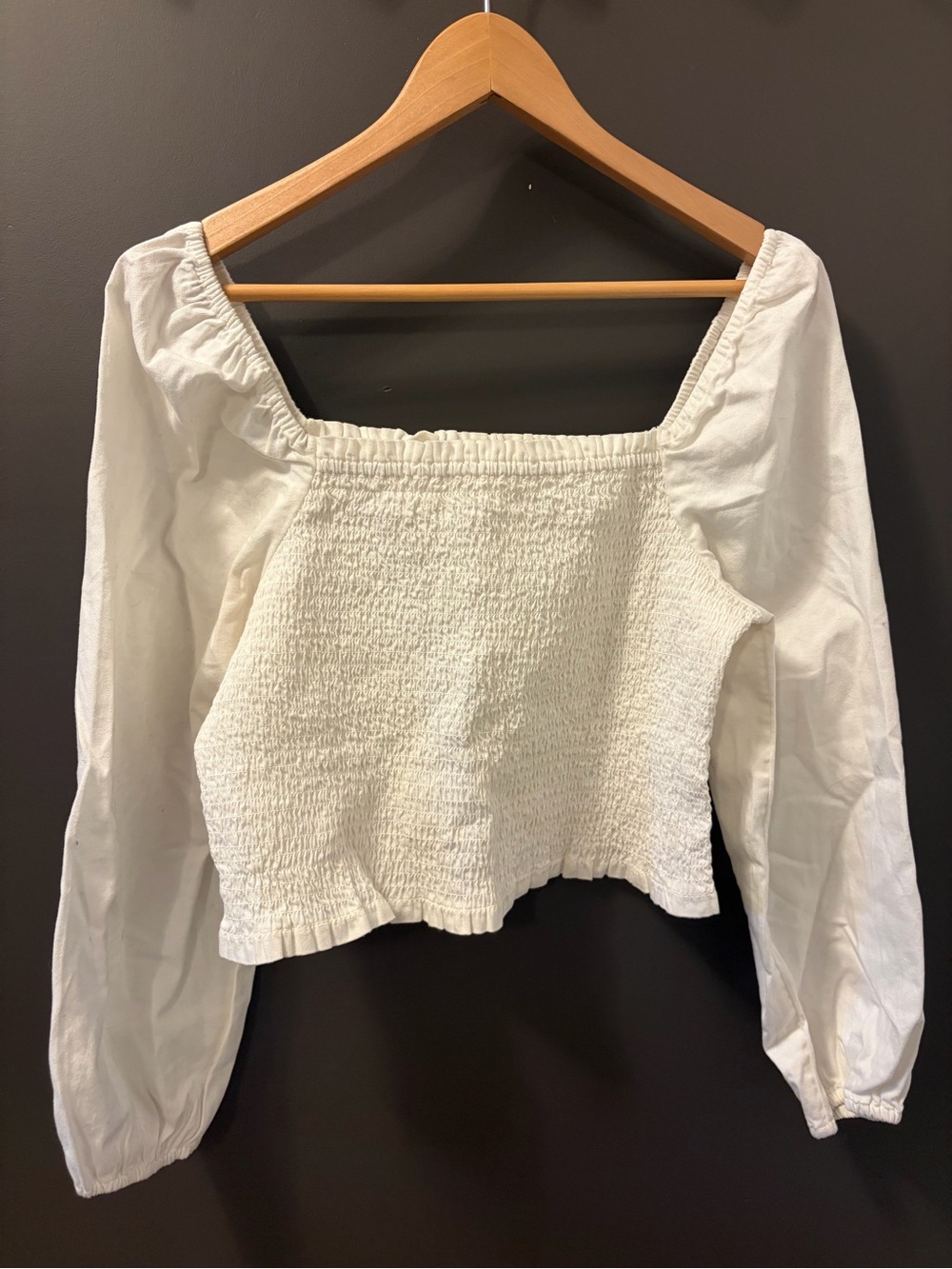 American Eagle White Smocked Square-Neck Long Sleeve Top